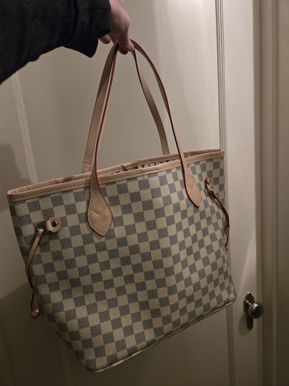 Designer Inpired Checked Canvas Tote Bag in Light Gray and Cream